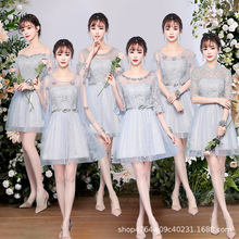 伴娘礼服女婚礼绝美姐妹团闺蜜装短款裙灰色香槟新娘结婚春季