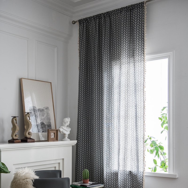 Minimalistischer, geometrisch gestreifter, grauer, trapezförmiger Quastenstoff aus Polyester-Baumwolle für Zuhause und Gästezimmer, Fertigvorhang_voghion.com