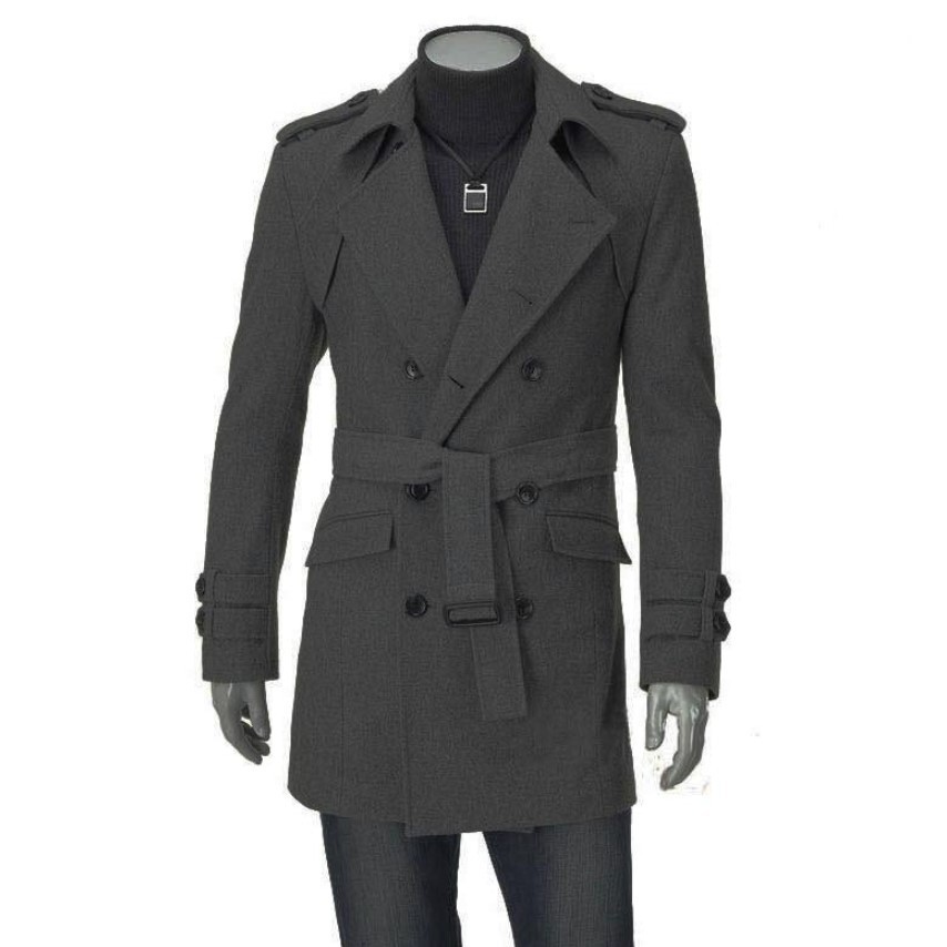 New autumn/winter men's Korean style coat, fashionable trench coat with epaulettes, mid-length double-breasted wool coat.