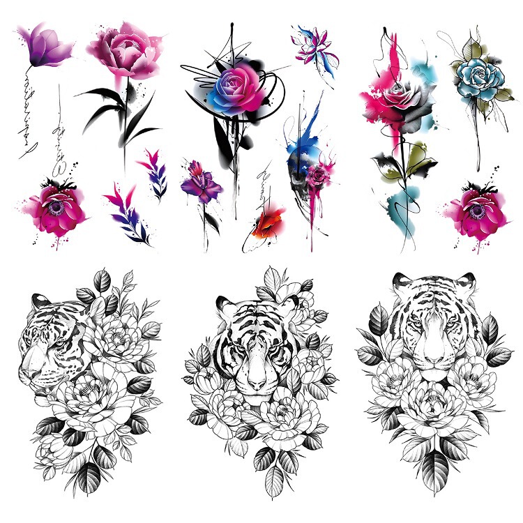 Plain Flower Tiger Large Pattern Half-Arm Simulation Colorful Watercolorful Rose Sexy Cross-Border Spot Cross-Border Waterproof Tattoo Sticker