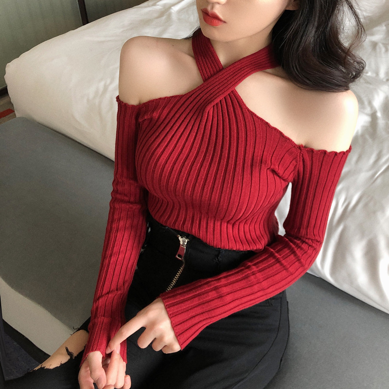 2023 New Short Sexy One-Line Collar Off-Shoulder Cross Halterneck Bottoming Knitwear for Women with Autumn and Winter Tight Knitted Knitwear