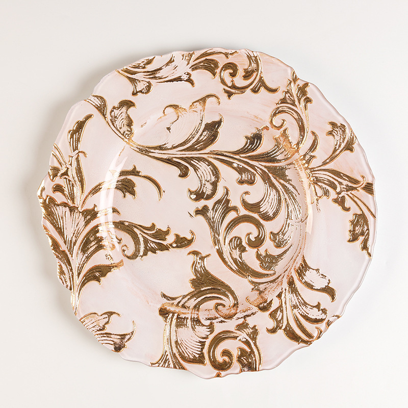 Creative Printed High-End Western-Style and Chinese-Style Gold and Silver Colored Glass Plates for Weddings, Banquets, and Hotels, Featuring Dazzling and Exquisite Designs