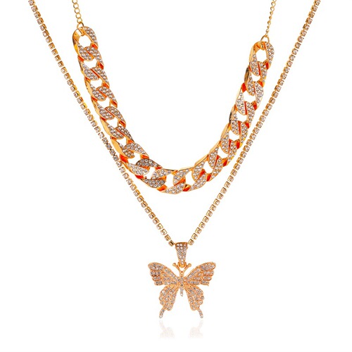 Cross-border Cuban double-layered large butterfly necklace, personality exaggerated full diamond thick chain necklace ins internet celebrity accessories