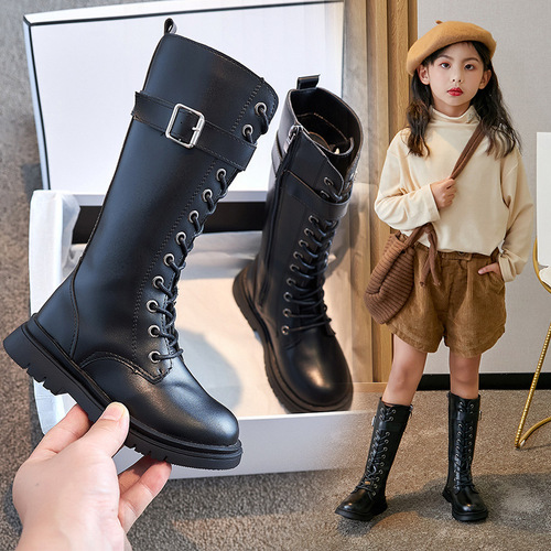 Real super fiber girls' boots plus velvet girls' leather winter new medium and large children's long Martin boots children's high boots