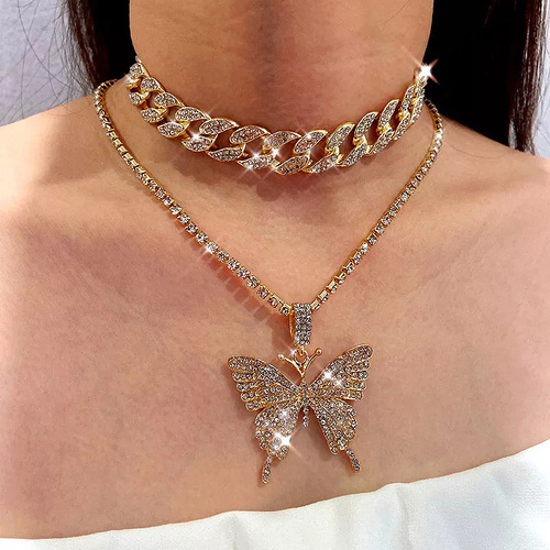 Cross-border Cuban double-layered large butterfly necklace, personality exaggerated full diamond thick chain necklace ins internet celebrity accessories