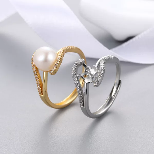 Korean version of fresh water pearl ring women's fashion simple winding micro-inlaid zircon ring finished empty holder wholesale