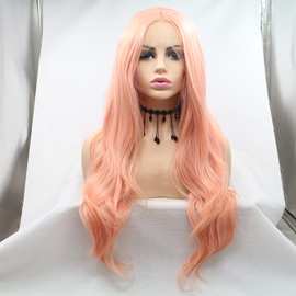 跨境假发动漫化纤前蕾丝橘粉色长卷发高温丝wigs厂家直销一件代发