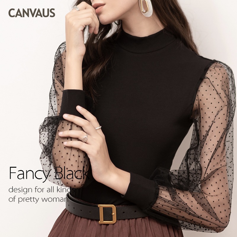 Canvaus ropa de las mujeres del otoño nueva media turtleneck manga larga puff apretado Internet Celebrity camiseta superior moda