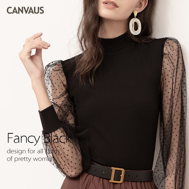 Canvaus ropa de las mujeres del otoño nueva media turtleneck manga larga puff apretado Internet Celebrity camiseta superior moda