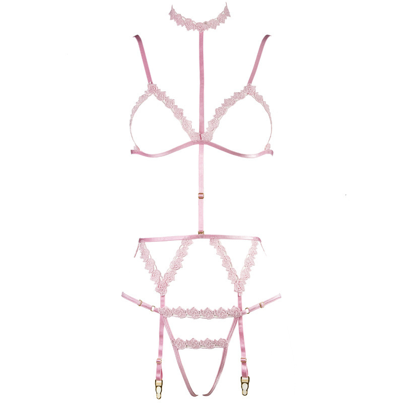 FJ300 pink water soluble flower hollow triangle cup adjustable shoulder strap halter Garter open crotch thong three-piece set