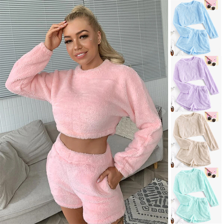 European and American foreign trade AliExpress cross-border autumn and winter New High waist long sleeve plus shorts Home Leisure coral fleece suit
