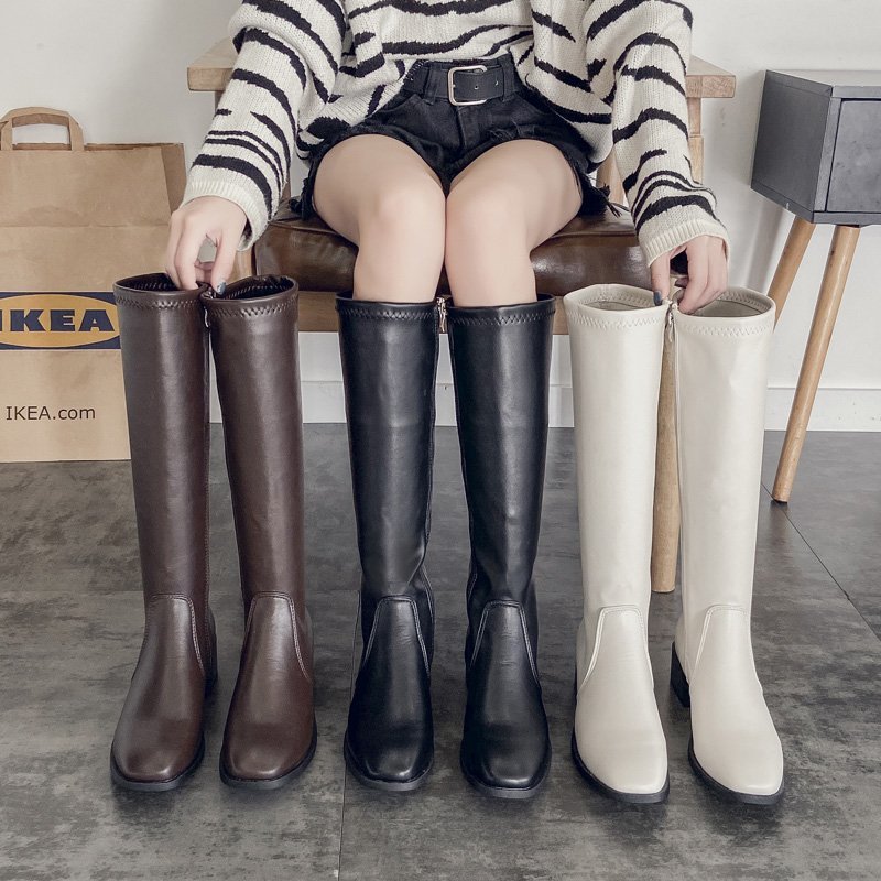 一件代发2023秋冬新款高筒骑士靴低跟方头长靴女粗跟女鞋厂家批发