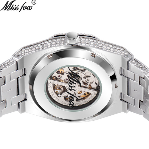 MISSFOX watch European and American full diamond hollow mechanical watch waterproof luminous stainless steel men's watch