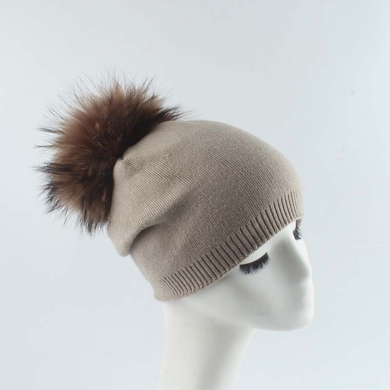 Adult new raccoon fur ball color knitted hat high-grade wool hat liner warm pullover beanie hat women's cross-border