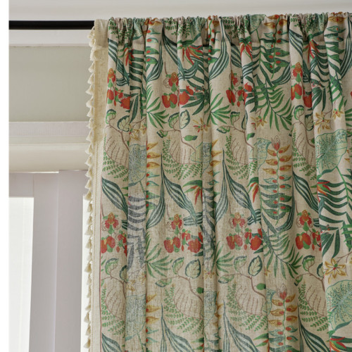 Export to Amazon Green Plant Cotton-Like Linen Semi-Darken Aesthetic American Country Retro Fringe Curtain Fabric Finished Product