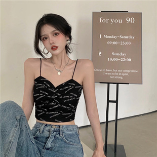Hot Girls Letter Base Black Camisole Vest with Chest Pad Women's Summer Sexy Pure Tight Short Top