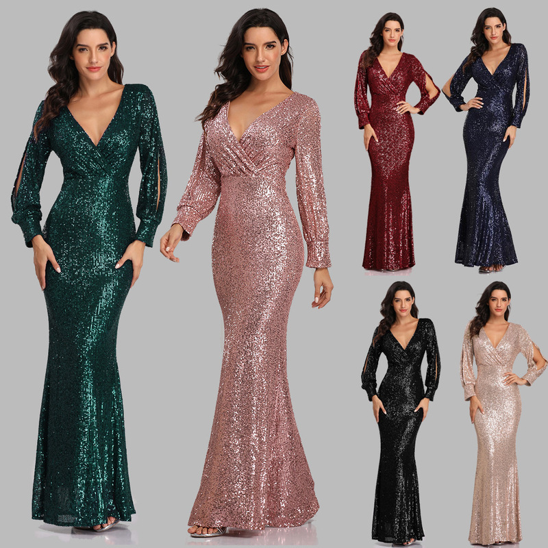25 Spring and Autumn Cross-Border Hot-Selling Foreign Trade Dress, Multi-Color, Plus Size, Long-Sleeved, V-Neck, Sequined Fishtail Evening Dress for Women, in Stock