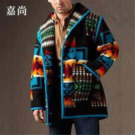 2025欧美ins风亚马逊独立站秋冬爆款 印花时尚翻领毛呢夹克外套男