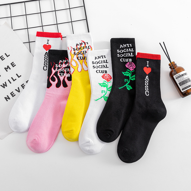 Blooming Rose New Flame Heart Assc Sports Mid-Calf Socks for Men and Women Ins Trendy Socks European and American Street Socks