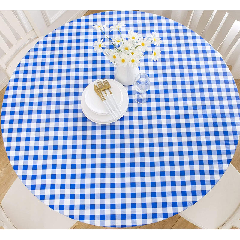 Mantel redondo de PVC transfronterizo impermeable y a prueba de aceite forrado de vellón grueso transparente impreso mantel de plástico banda elástica mantel de grano de madera