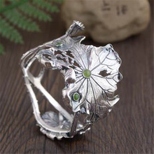 乾龙民族风足银饰品手工夸张荷叶镂空镶嵌和田碧玉荷花手镯