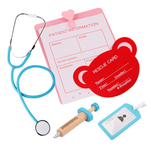 Children's wooden simulation play house doctor toy set boys and girls medicine box doctor uniform auscultation injection dentist
