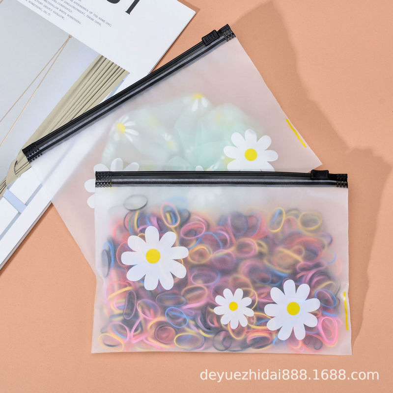 Versión coreana de la bolsa con cremallera, bolsa de margarita pequeña, lazo para el cabello, accesorios para el cabello, embalaje, calcetines de ribetes esmerilados translúcidos, bolsa de almacenamiento de toallas