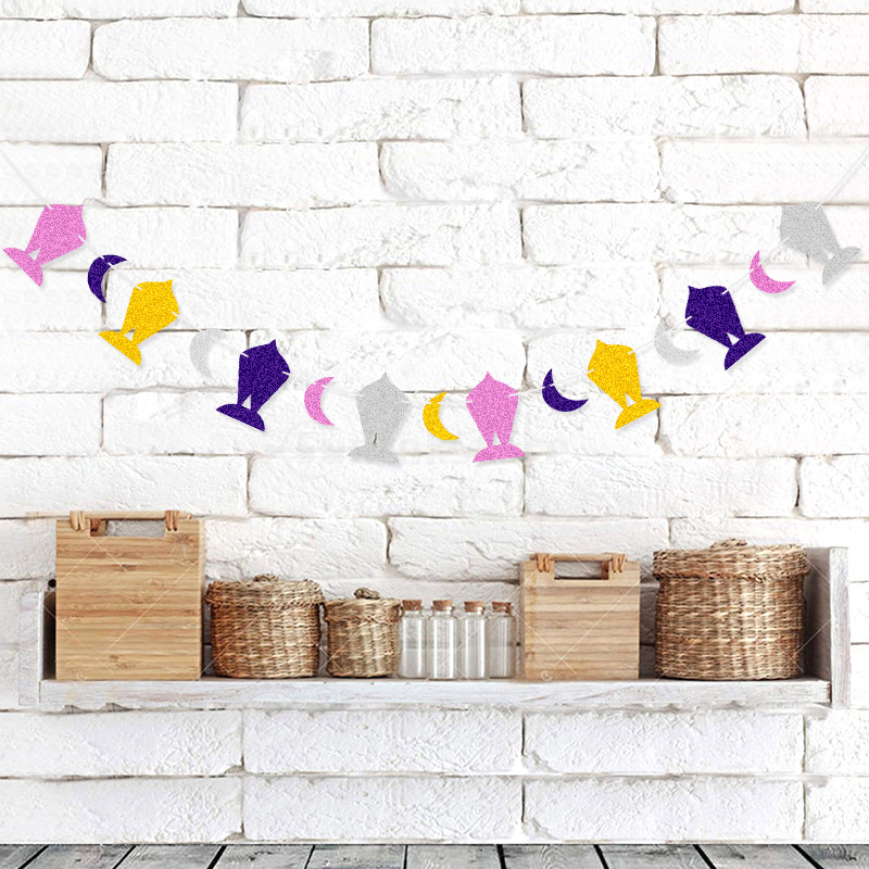 Fiesta festiva Bandera Fiesta decoración azul púrpura oro plata pez luna forma cebolla polvo brillante dibujo de flores