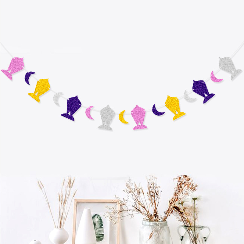 Fiesta festiva Bandera Fiesta decoración azul púrpura oro plata pez luna forma cebolla polvo brillante dibujo de flores