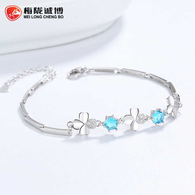 Amethyst Clover couple bracelet women's sterling silver S925 simple fashion blue rhinestone jewelry Korean style jewelry