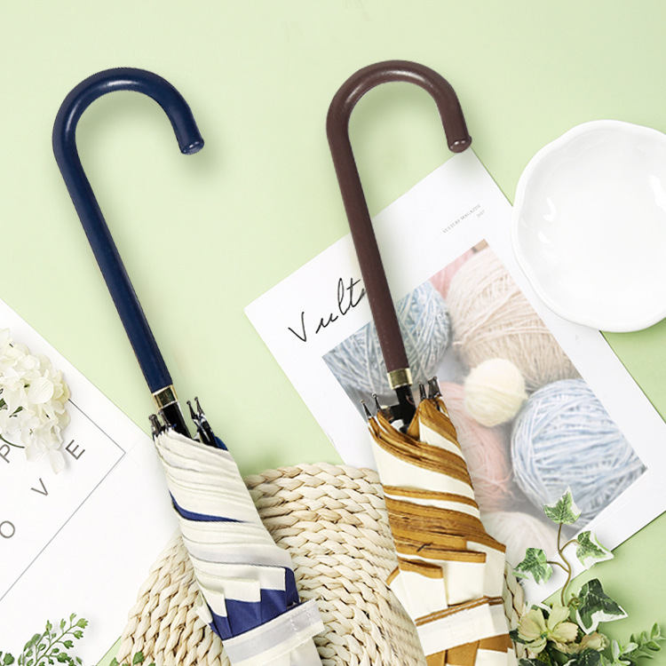 Japanese-style small fresh semi-automatic rain umbrella student light navy striped long handle umbrella women's spot wholesale