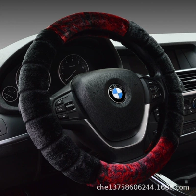 Cross-border TikTok fast hand one-piece delivery new car steering wheel cover D-type O-type winter warm short plush handle cover (Steering wheel cover) - black-one-two-tone-round-38cm