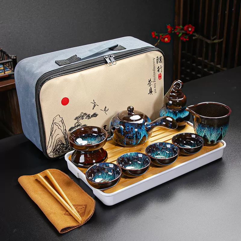 新款沙金天目釉建盏功夫旅行茶具套装户外随行便携包陶瓷礼品批发