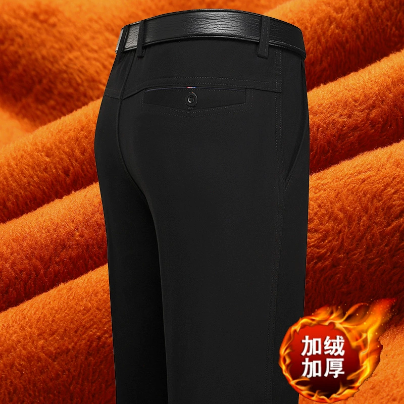 Зимние деловые мужские повседневные брюки, мужские прямые утепленные брюки на флисовой подкладке, мужские брюки для папы среднего возраста с высокой талией