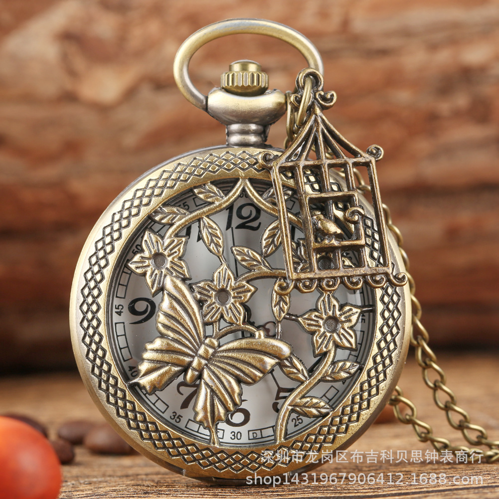 Classic Antique Hollow Relief Butterfly + Flat Birdcage Accessory Quartz Large Pocket Watch Student Gift Pocket Watch