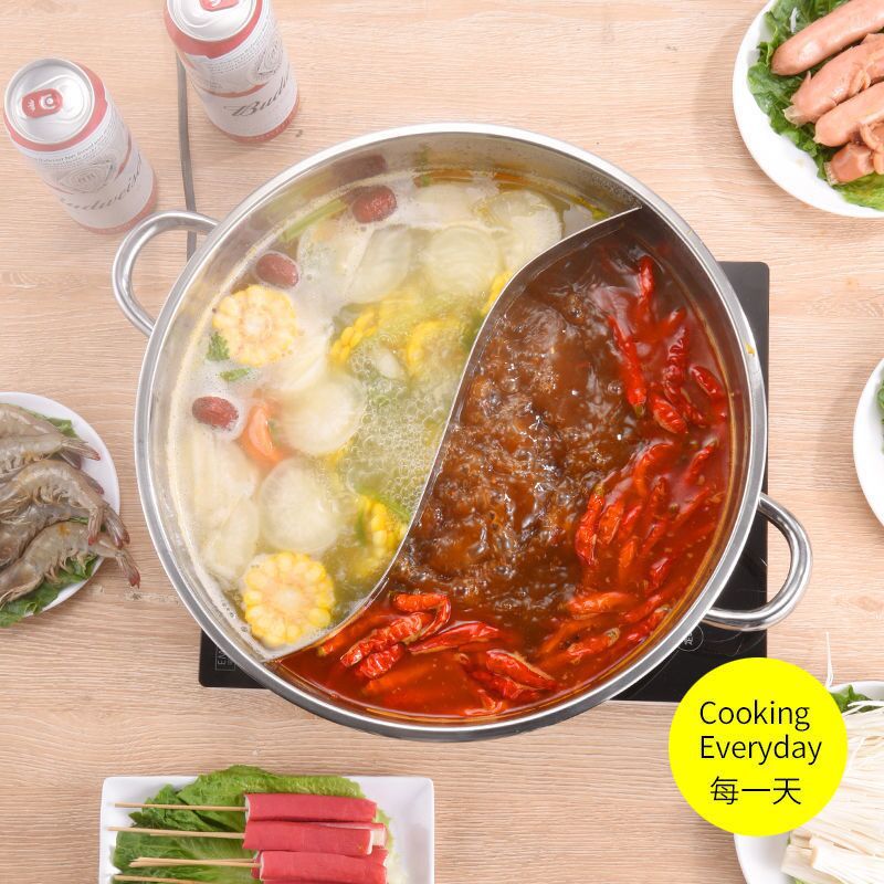 Thickened stainless steel couple pot flat hot pot, small fat sheep clear soup pot with grid, induction cooker soup pot utensil