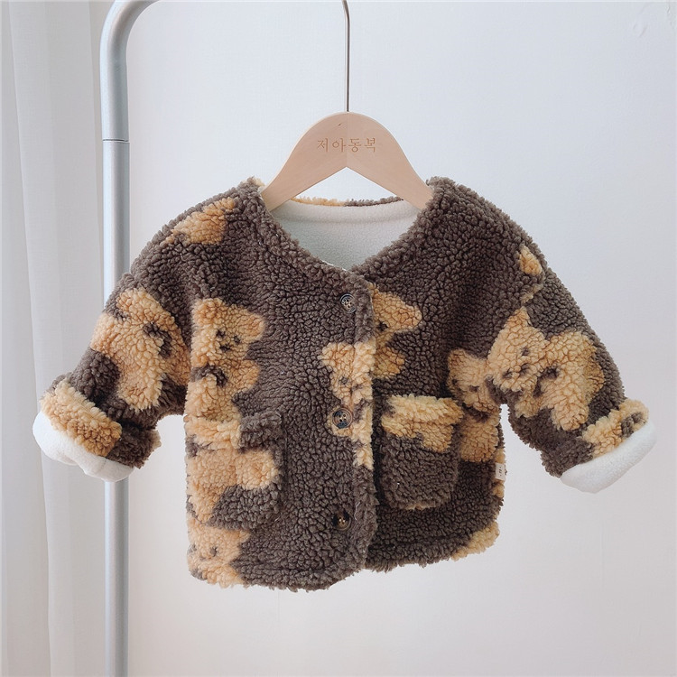 Ropa de invierno para Bebés Ropa de estilo coreano para niños bebé oso cabeza abrigo bebé niña forrado de lana cálida capa superior de dibujos animados