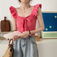 Summer French Collar Bow Short Sleeve Knit Tank Top for Women, Internal and External Wear Design, Small Fly Sleeve Top