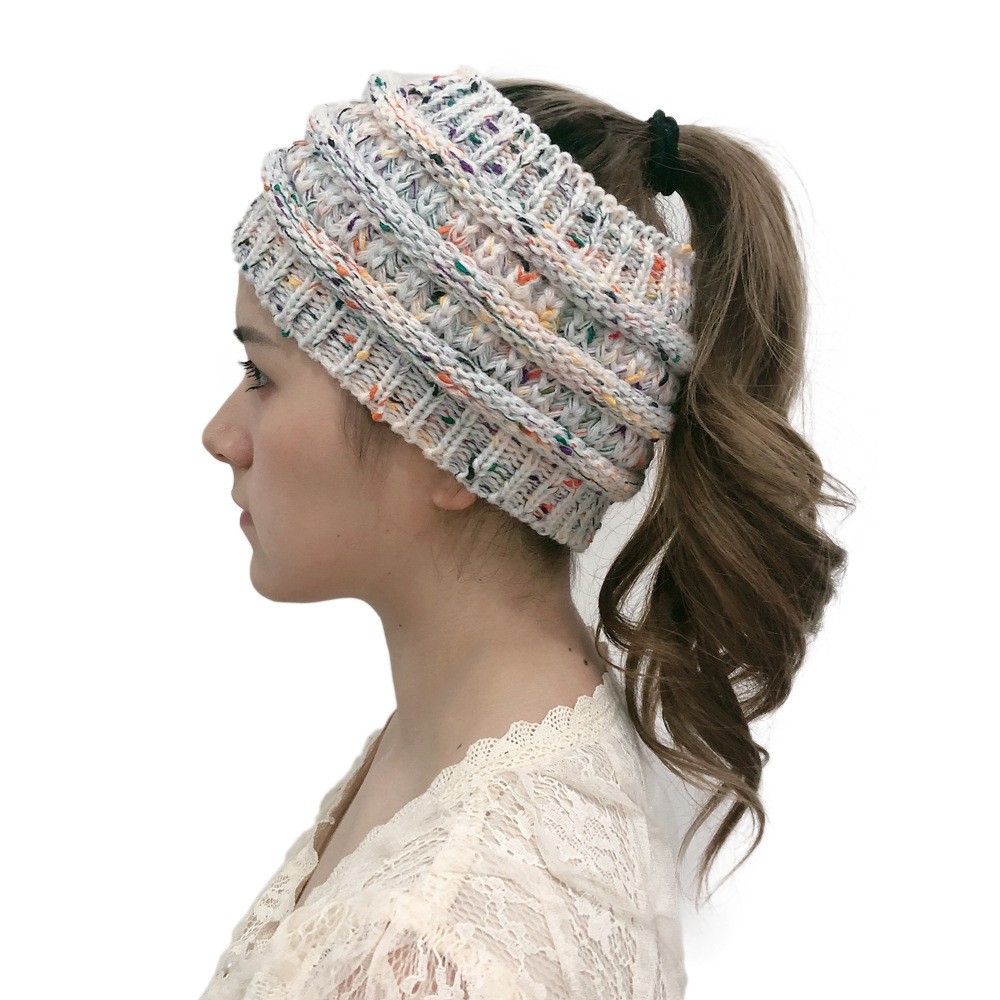 2020 Amazon European and American New Color Knitted Ponytail Hat Outdoor Warm No Top Striped Wool Hat Hair Band