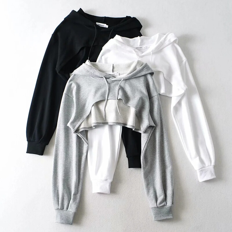 European and American Ins stacked ultra-short sports drawstring hooded sweater women's solid color Joker long sleeve hoodie sweater wholesale