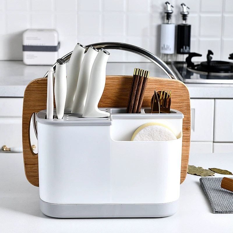 Multifunctional kitchen organizer, integrated cutting board & utensil storage, compact countertop