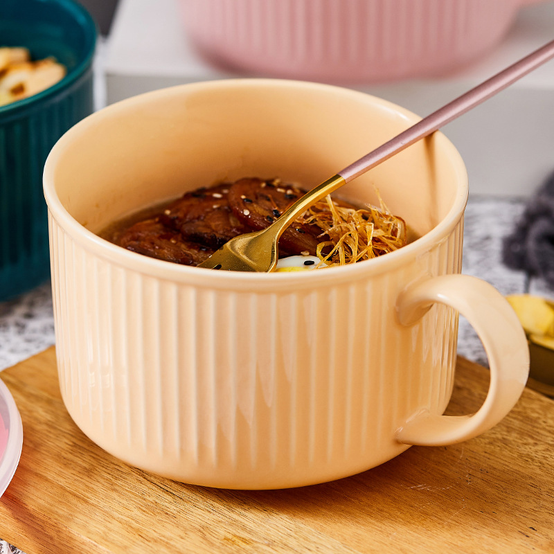 Cuenco de fideos de cerámica de una sola oreja Cuenco de fideos instantáneos simple nórdico con tapa hogar estudiante trabajo dormitorio tazón de taza de fideos instantáneos
