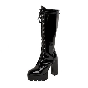 Amazon Foreign Trade Large Size 34-43 Water Table High Heel European and American Style Fashion Boots Patent Leather Round Head High Boots