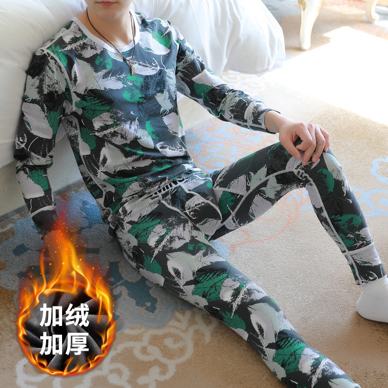 Autumn and Winter Men's Thermal Underwear Set Fleece-lined Thickened Printed Pure Cotton Autumn Clothes Autumn Trousers Warm Clothes for Teenagers and Students