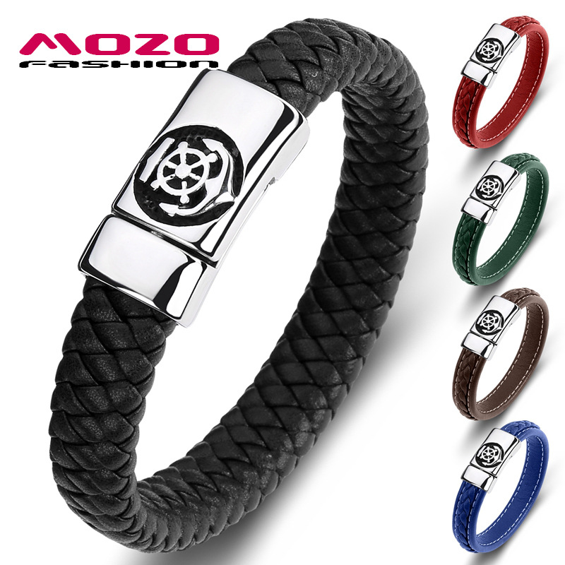 跨境专供 男士真皮钛钢朋克手链 船锚磁铁扣不锈钢个性手环手镯