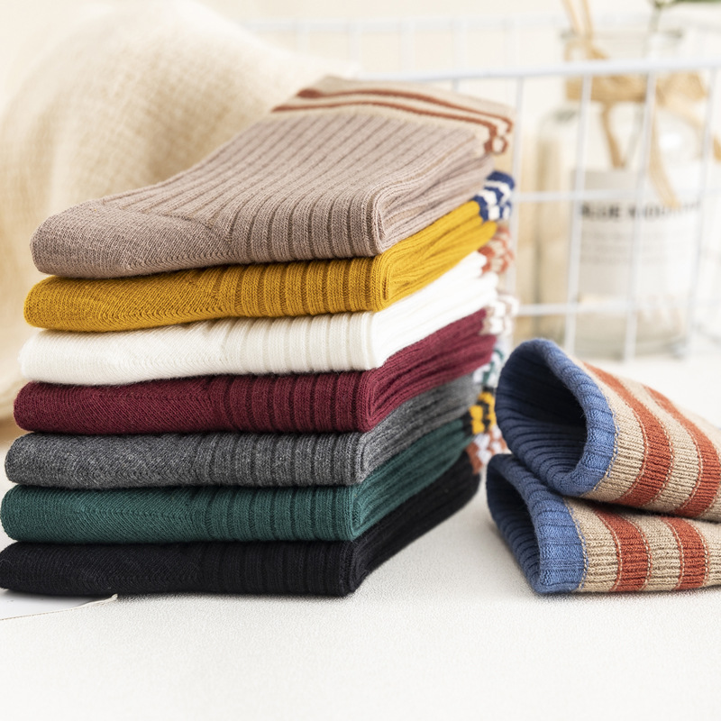 Calcetines de Algodón Coloridos para Mujer, Estilo Universitario Vintage, con Dos Rayas, Calcetines Largos a la Moda, Venta al por Mayor