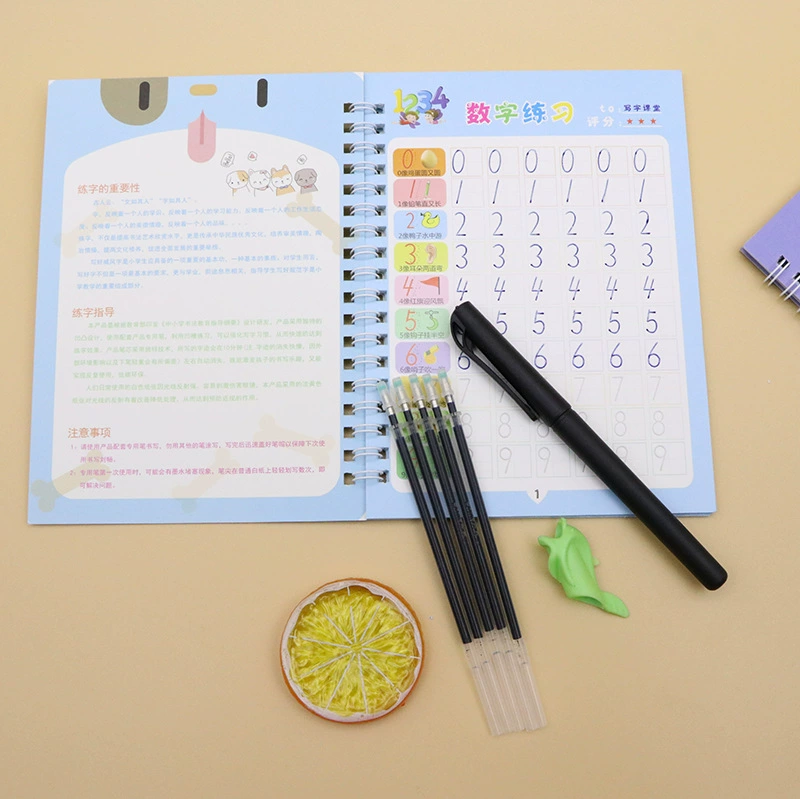 Automatic copybook, blue coloured pencils, calligraphy, set