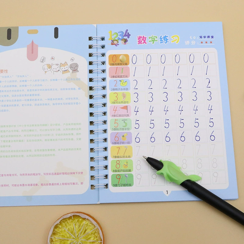 Automatic copybook, blue coloured pencils, calligraphy, set