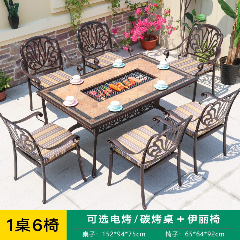 Outdoor BBQ Table Multi-use Cast Aluminum Carving Charged Carbon Oven Hot Pot Grill Plate Tile BBQ Balcony Table and Chair Combination