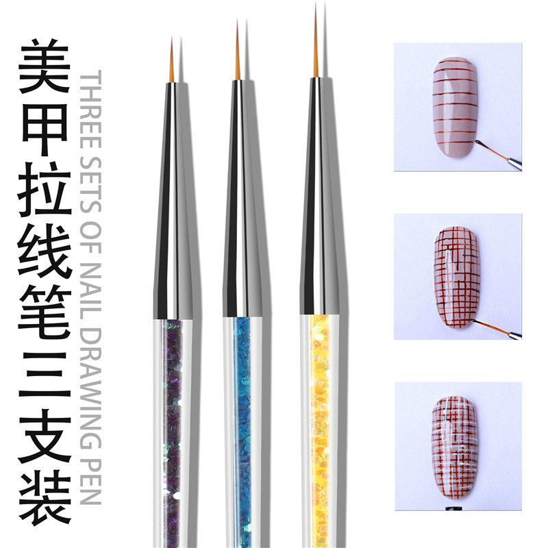 Herramientas de uñas transfronterizas al por mayor 3 unids lentejuelas varilla clavo dibujo pluma color pintura flor gancho pluma traje
